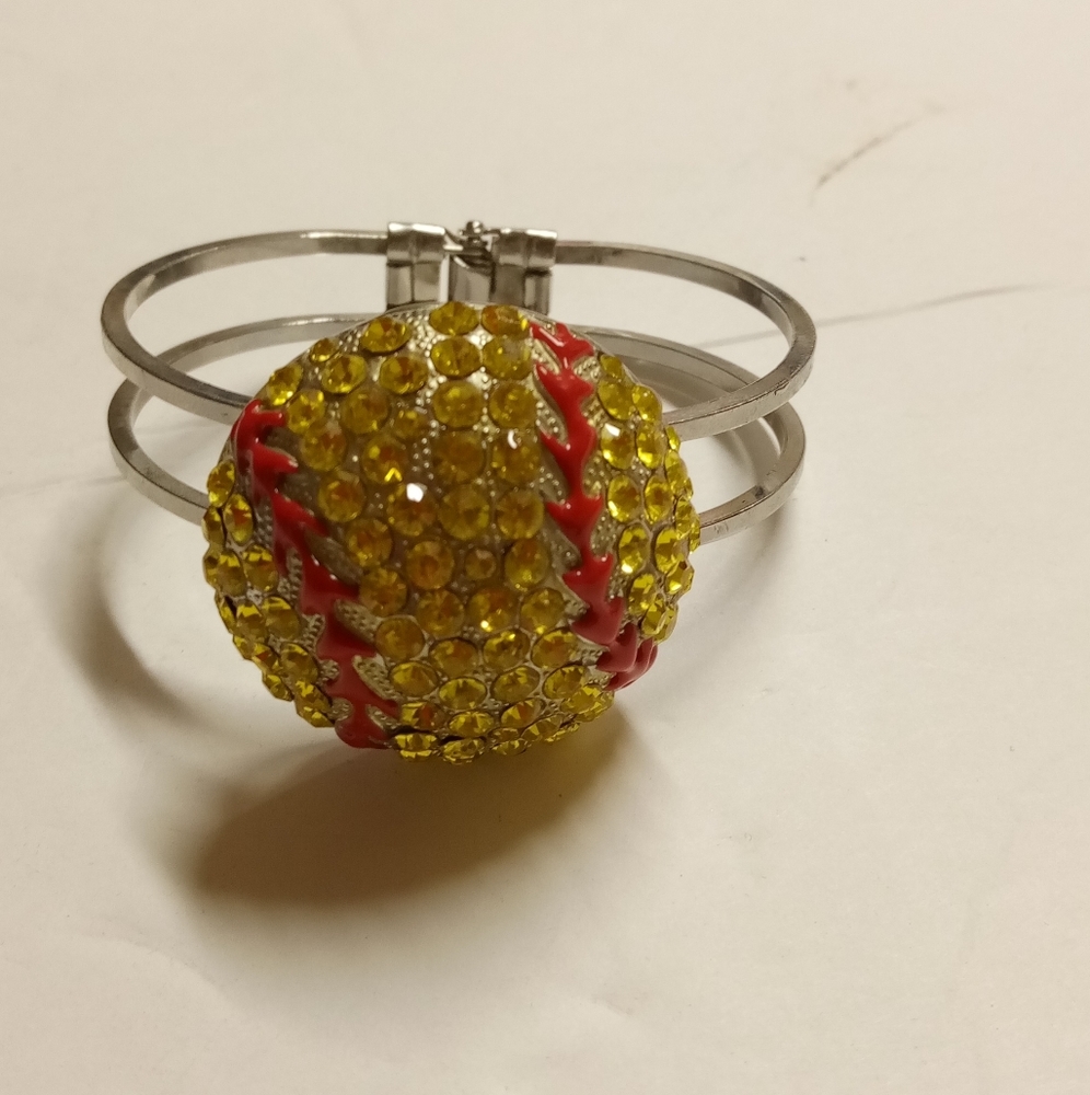Baseball Bracelet, Rhinestones , Lacquer SilverTone Metal, Topaz, Amber ,red